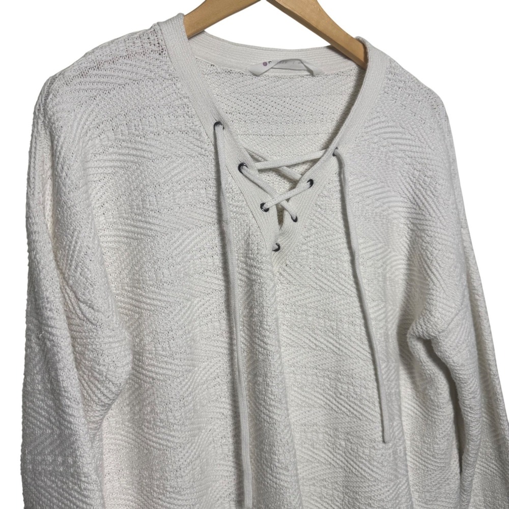 Athleta Womens Sweater Large White Knit‎ Lace Up Long Sleeve Textured Beachy